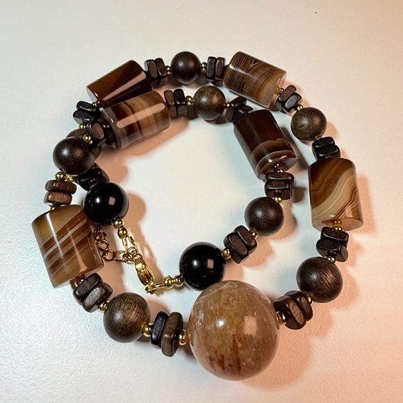 Natural Agate & Wood Beaded Necklace | Earth Tone Statement | Handmade - Picture 6 of 9
